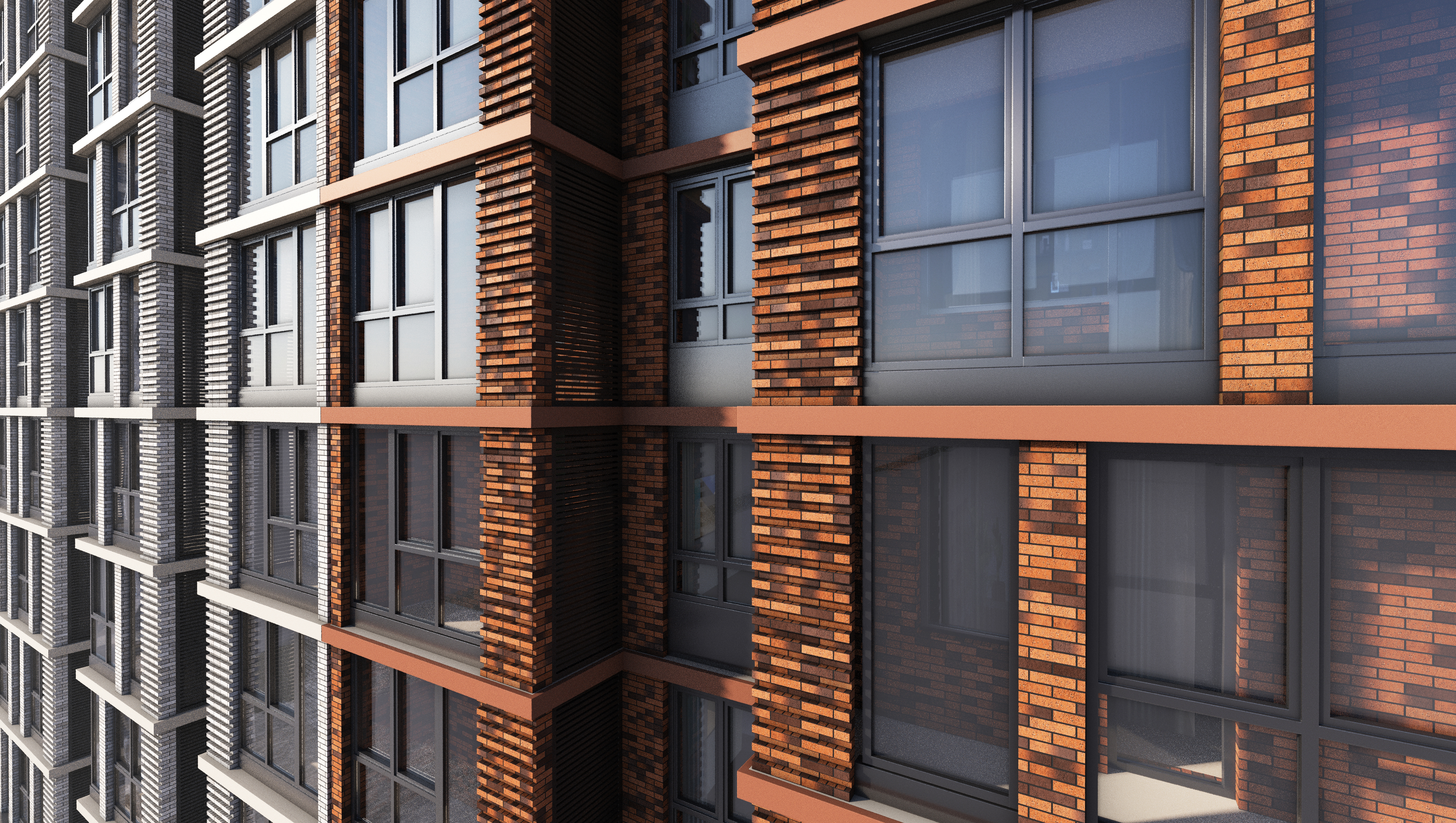 Архитектурный облик дома - это сочетание современных тенденций и исторического колорита города.

Фасады выполнены в технике «баварская кладка» с элементами декоративного руста. Многогранное сочетание
цветов подчёркивает эксклюзивность и статус, а качественные материалы сохранят облик дома на долгие годы.