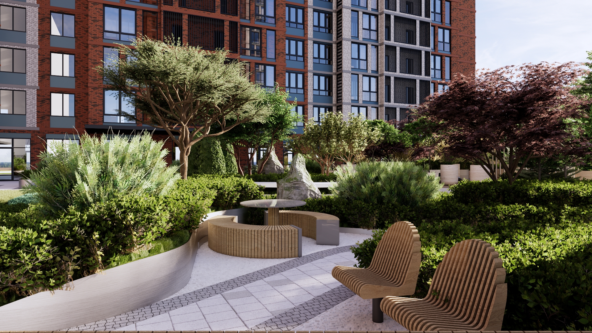 Инновационный подход к оформлению ландшафта сохраняет концепцию вечнозелёного сада в современном прочтении.

На территории есть амфитеатр - мультиформатное пространство, которое можно использовать для работы, встреч с соседями и даже семейного праздника. 

Здесь также расположены детские площадки, спортивный кластер и зоны отдыха.
